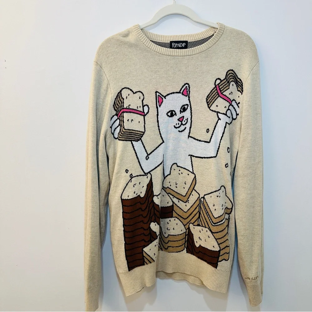 Ripndip White Cat and Bread Graphic Sweater - Picture 2 of 4